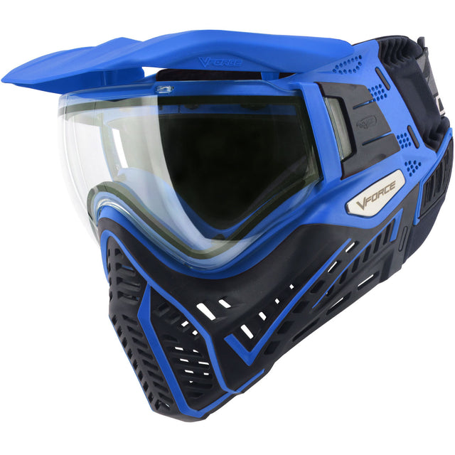 Left side angle VForce Profiler 2.0 Paintball Goggle Black Blue with clear lens