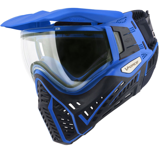 Left side angle VForce Profiler 2.0 Paintball Goggle Black Blue with clear lens and blue visor