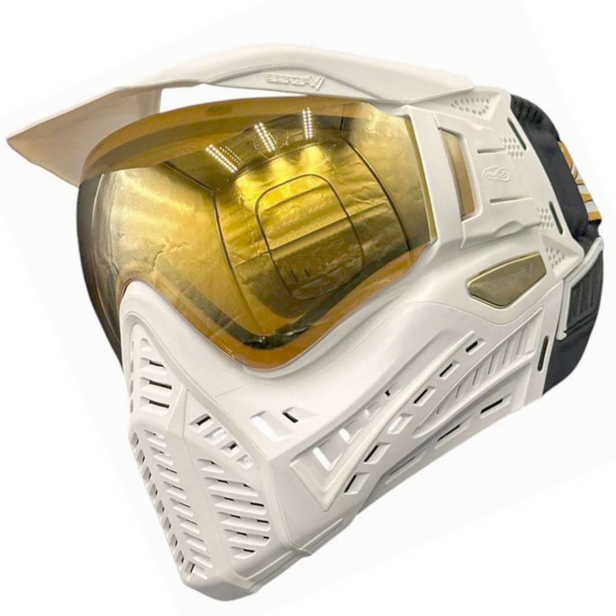 White paintball mask with gold lens on a white background