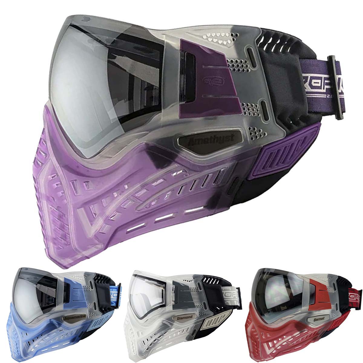 VForce Profiler 2.0 Birthstone paintball goggles purple amethyst, red garnet, Clear Diamond, Aquamarine blue on a white background.