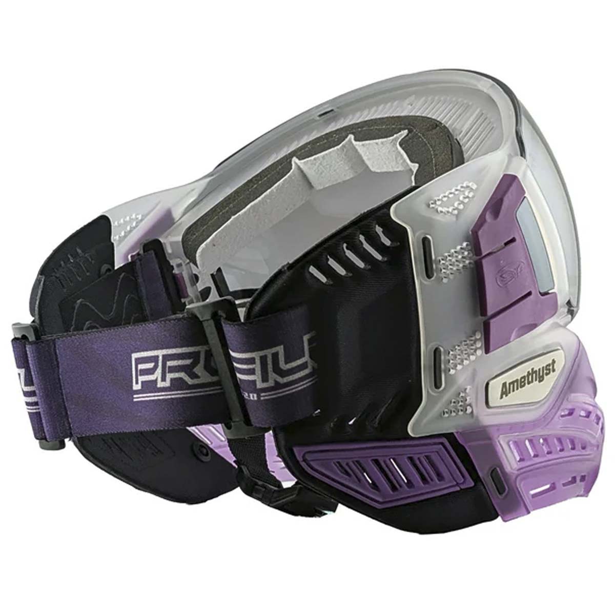 Right back angle Purple VForce Profiler 2.0 Birthstone Limited Edition Paintball Goggle February Amethyst with mirror lens and purple strap on a white background