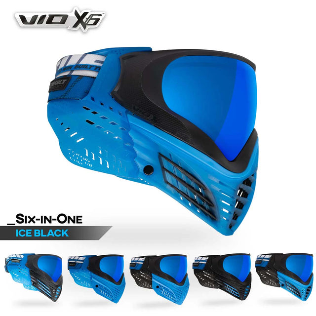 Blue Virtue VIO X6 Goggle Ice Black paintball mask with black accents on a white background, featuring the VIO X6 brand and all mask variations displayed