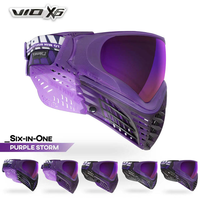 Purple paintball mask Virtue VIO X6 Goggle Purple Storm with 'VIO X6' branding on a white background with images of the included variations