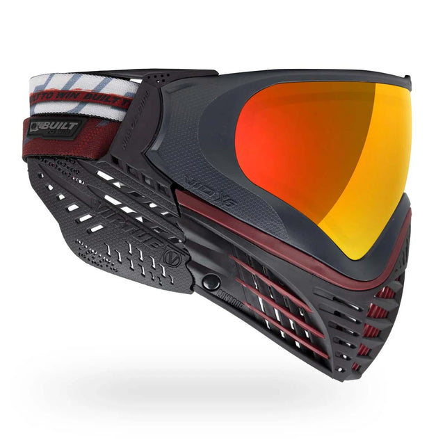 Right side of Red and black paintball mask Virtue VIO X6 Goggle Red Fire with orange lens on a white background