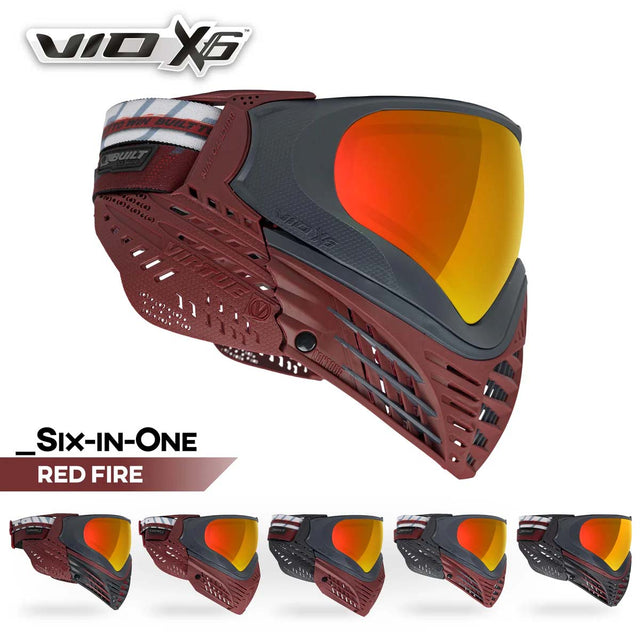 Red and black paintball mask Virtue VIO X6 Goggle Red Fire with orange lens on a white background, featuring the VIO X6 brand and all variations displayed