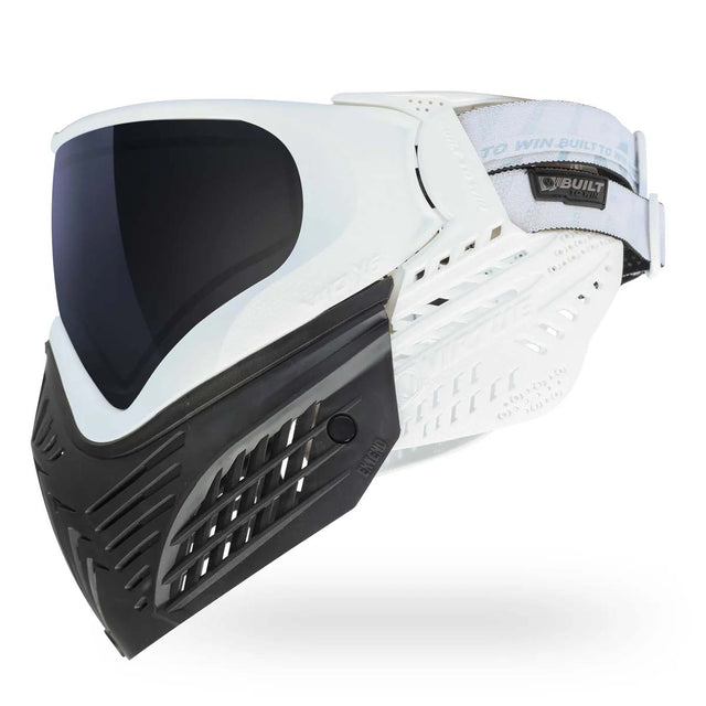 Right side of White paintball mask Virtue VIO X6 Goggle White Storm with black lens and a black skirt on a white background