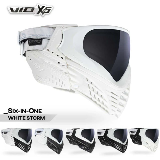 White paintball mask Virtue VIO X6 Goggle White Storm with black lens and VIO X6 branding on a white background with all goggle variations displayed