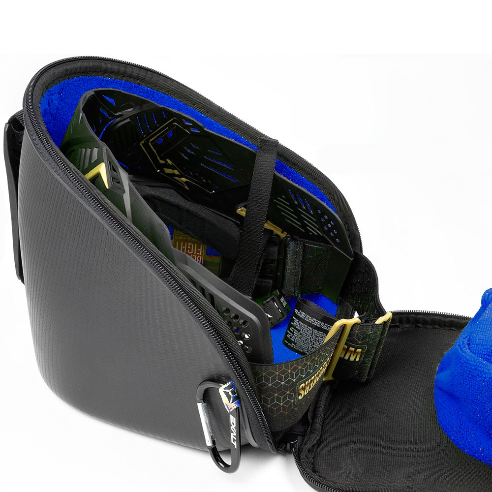 Exalt Carbon Universal Goggle Case V3 Black Blue open with goggle inside