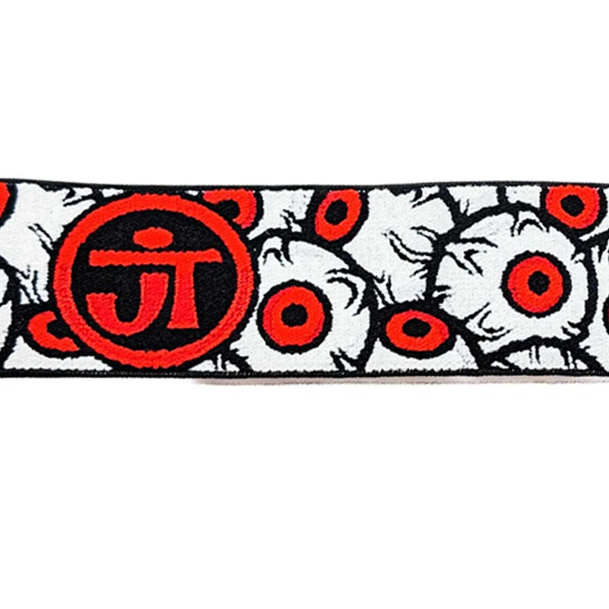 Close up Jt paintball goggle strap in orange red, black and white with eyeballs for Proflex and Flex 8 on a white background.