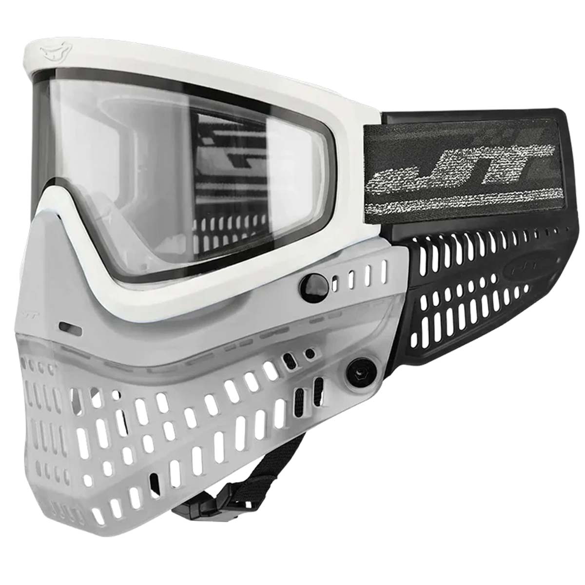 JT QLS Goggle Frame w Lens and Strap White replacement lens JT paintball goggle shown installed on a goggle