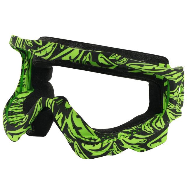 Angle of Green and black JT ProFlex Goggle Frame LE Banana Logo Lime Black patterned on a white background