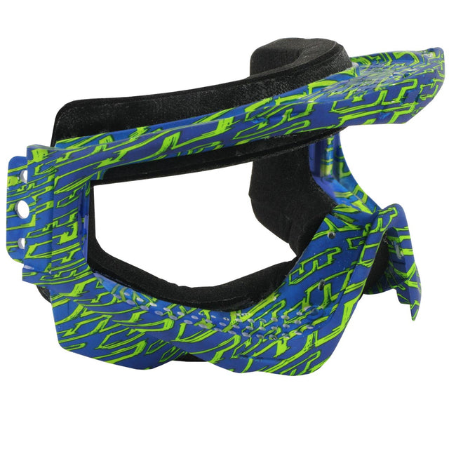 Right angle Blue and green JT ProFlex Goggle Frame LE Grunge Green Navy logo on a white background