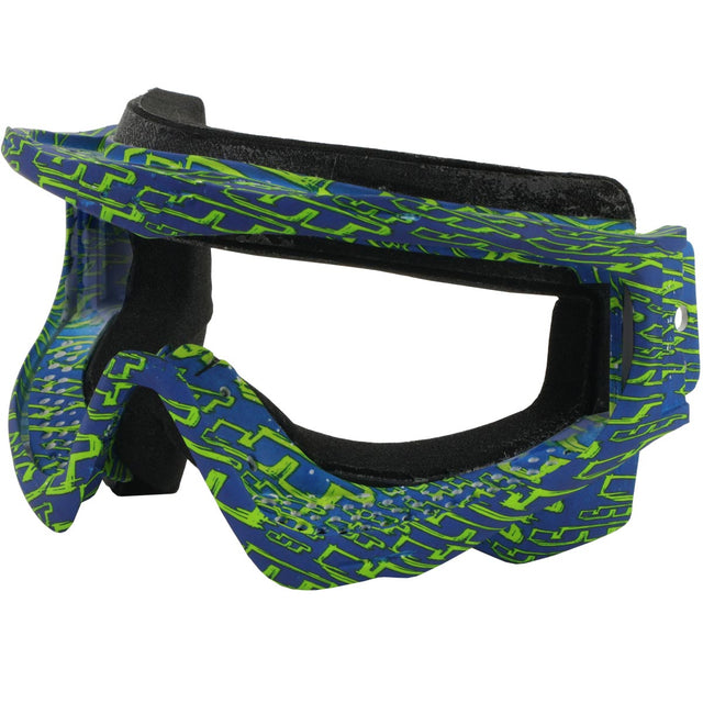 Front angle Blue and green JT ProFlex Goggle Frame LE Grunge Green Navy logo on a white background