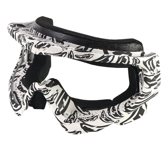 Angle of Black and white JT ProFlex Goggle Frame LE Banana White Black Logo patterned goggles on a white background