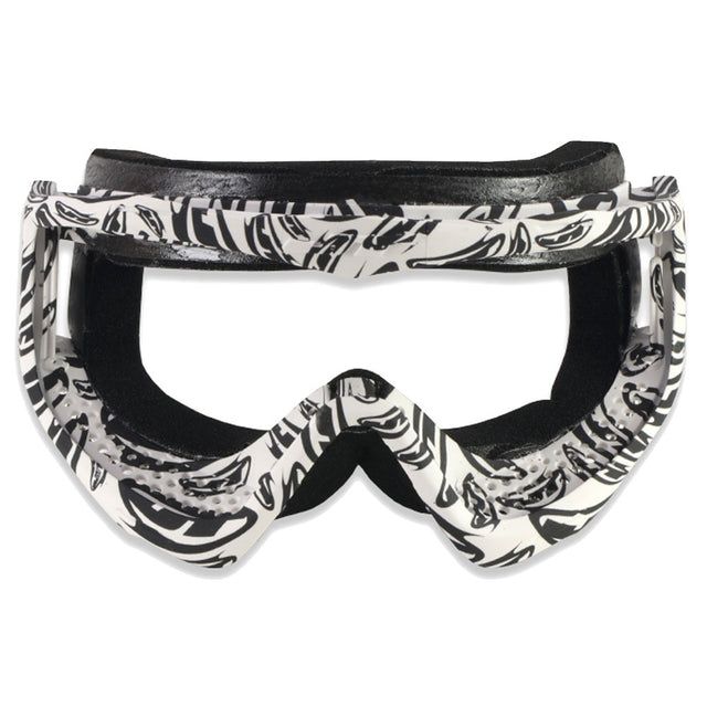 Black and white JT ProFlex Goggle Frame LE Banana White Black Logo patterned goggles on a white background