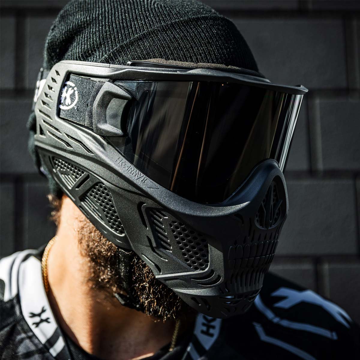 HK Army HSTL Thermal Lens dual pane smoke on a paintball goggle wearing person