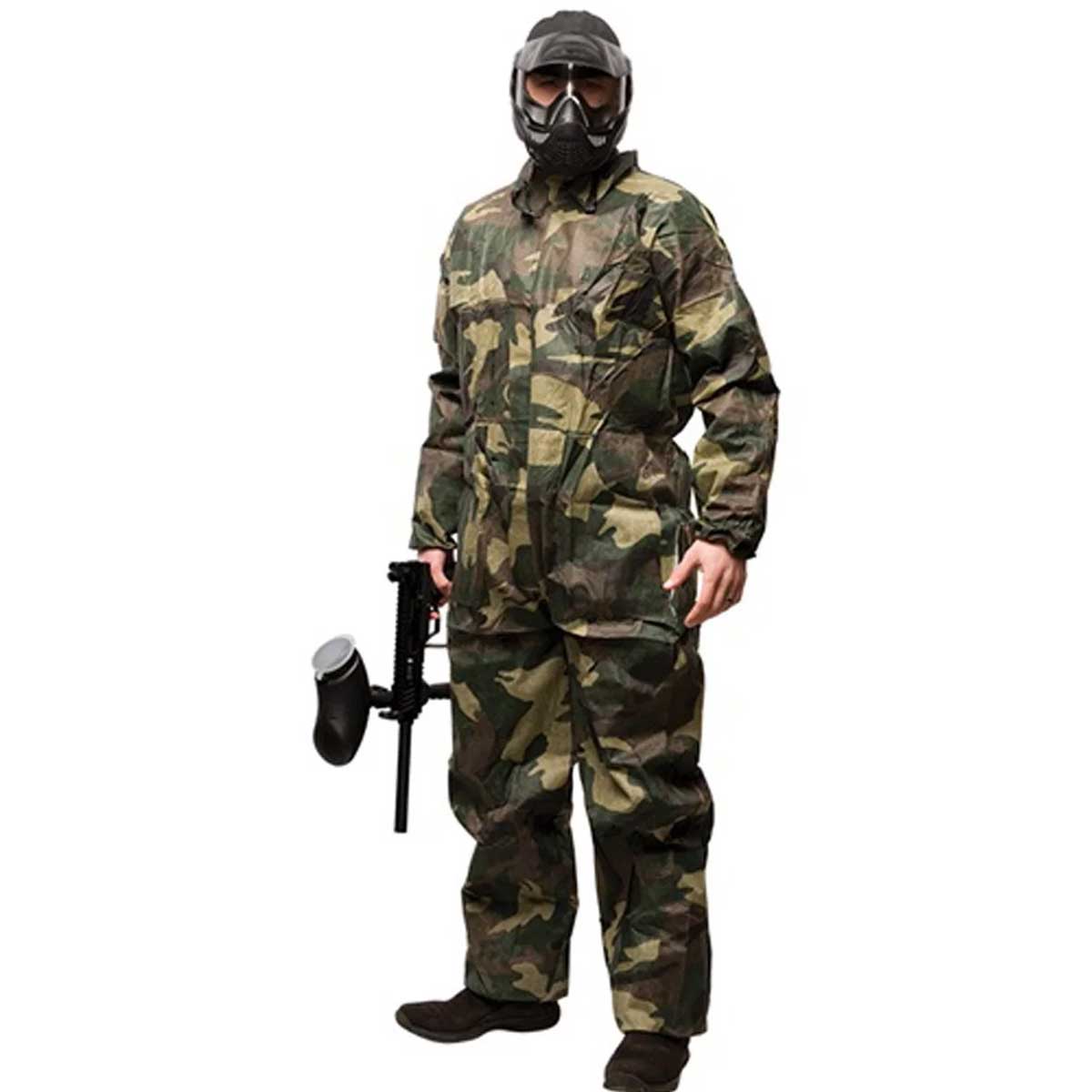 Camo Disposable Coverall shown on person with full paintball setup