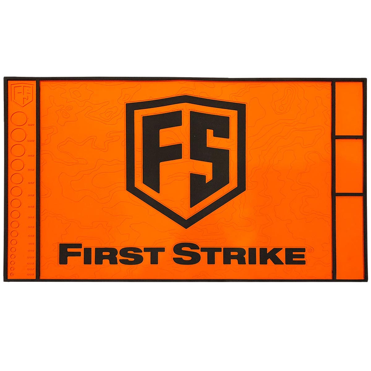Orange silicone tech matt with First Strike logo in black