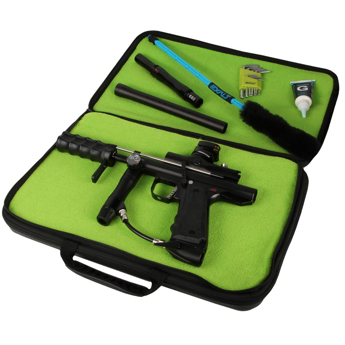 Exalt Carbon Series Marker Case XL holding paintball marker, barrel and accessories