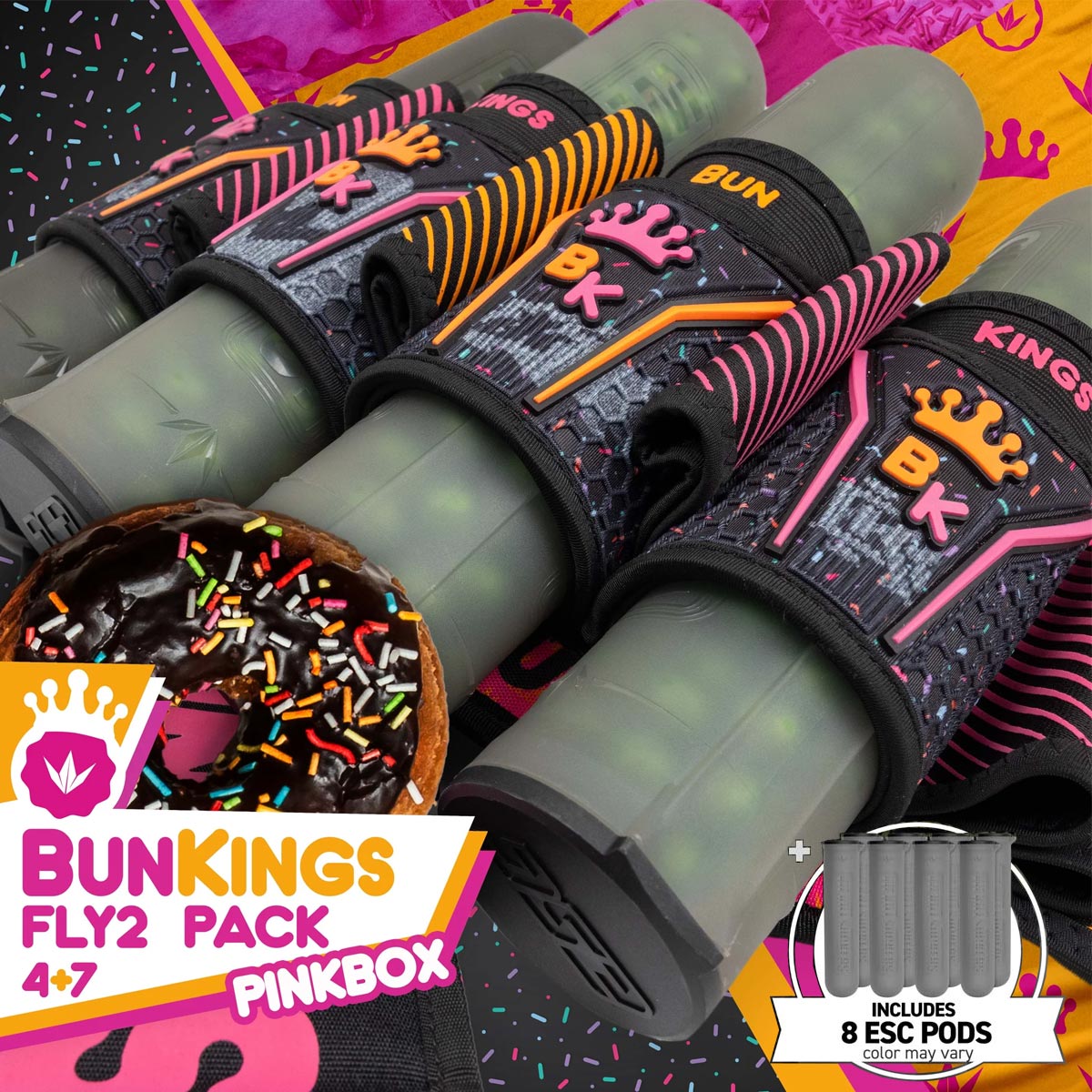 Bunkerkings Fly2 Pack Pink Box Bunkings LTD Edition 4+7 with 8 ESC Pods with colorful packaging and donut illustration.