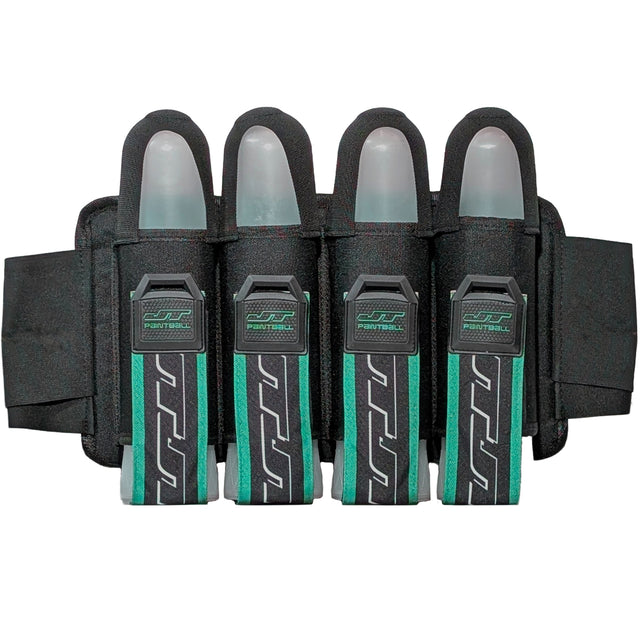 Black and green JT Race 4 Pod Paintball Harness Birthstone paintball pod holder with four pods on a white background