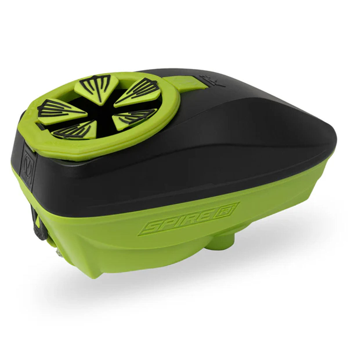 k and lime green paintball loader top view.