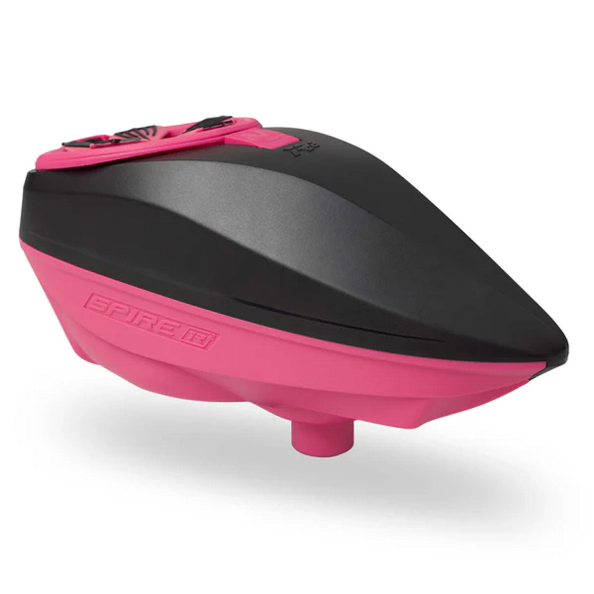 Pink and black paintball loader angled view.