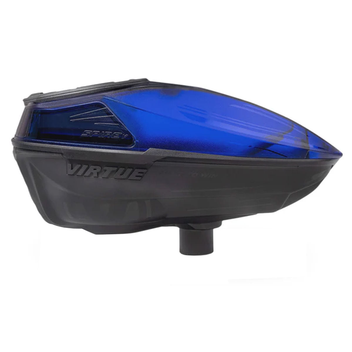 Black and opaque blue paintball loader side view.