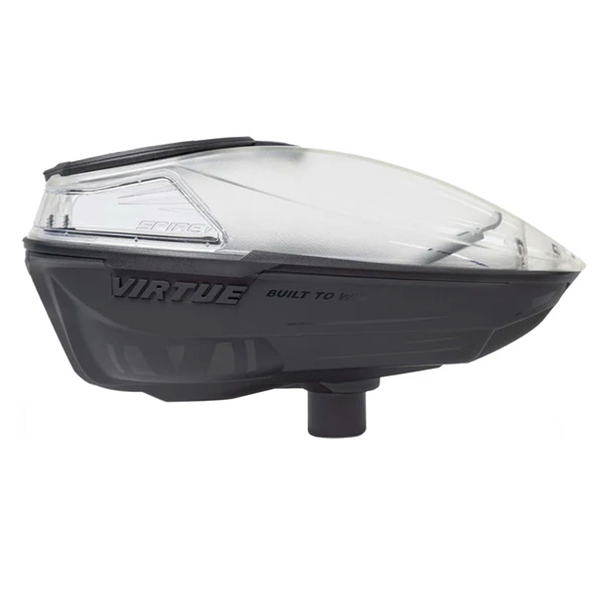 See through and black paintball loader side view.