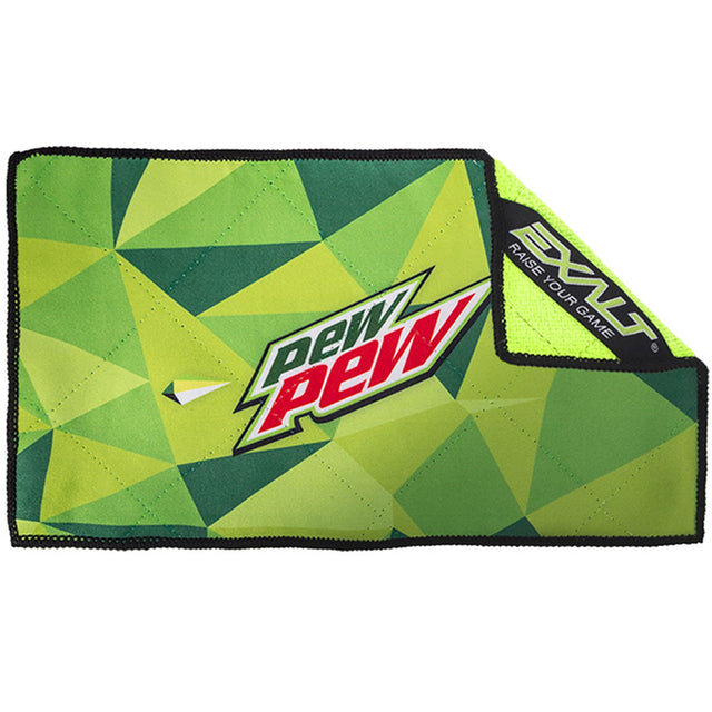 Green geometric patterned towel with Pew Pew logo and Exalt branding