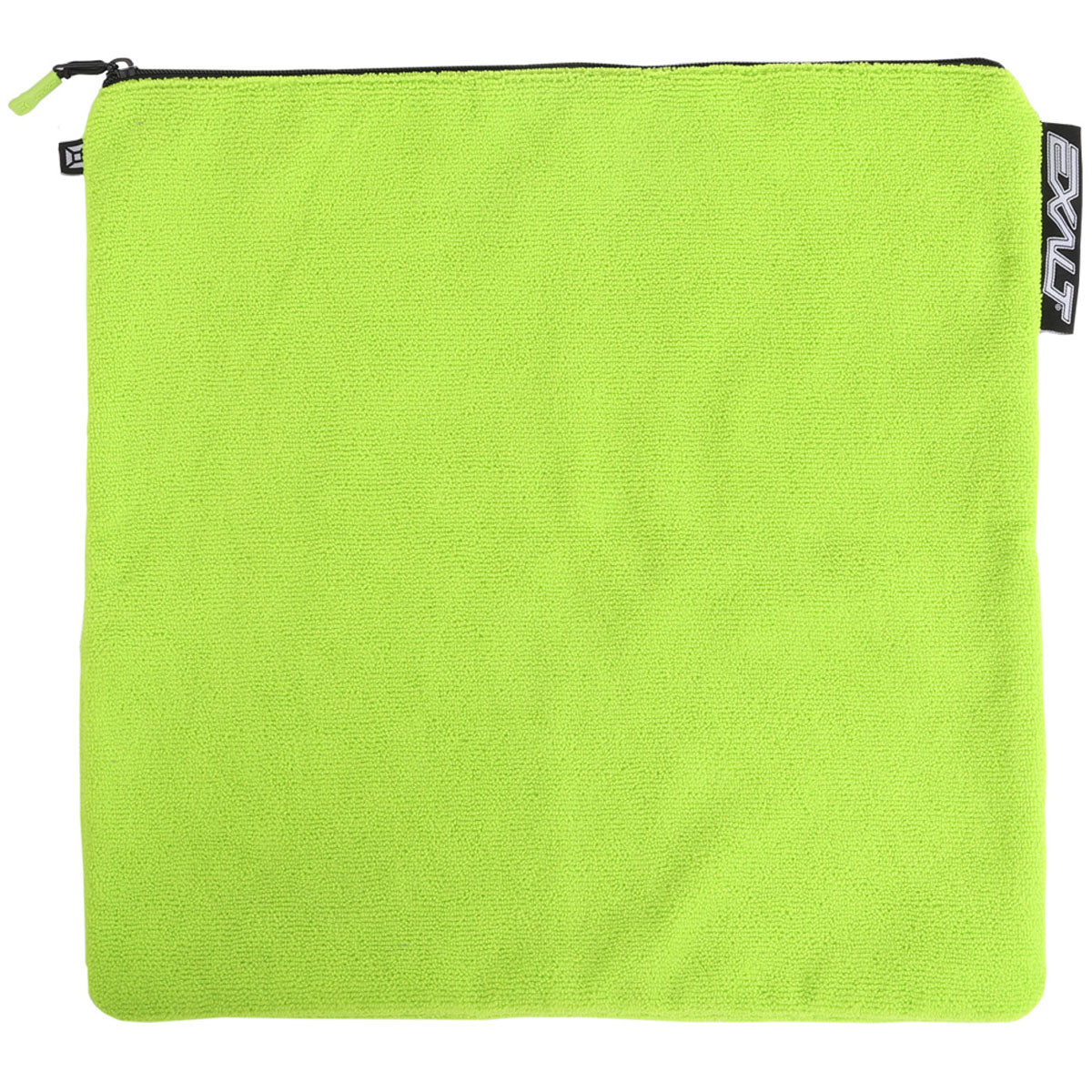 Green micro fiber bag with zipper and exalt logo on a white background