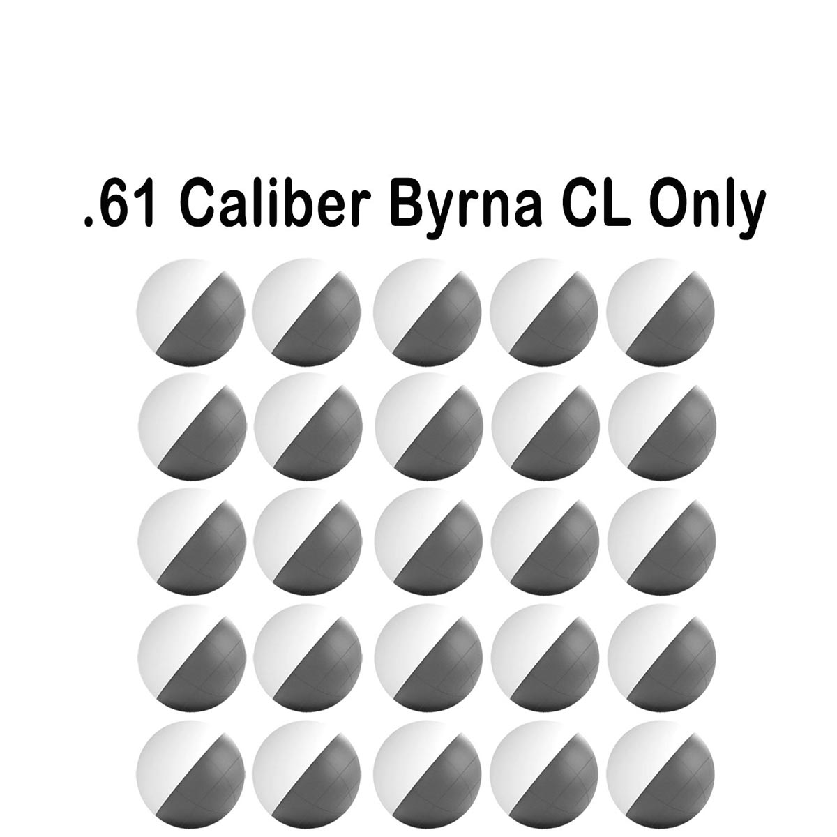 A grid of .61 caliber Byrna CL only projectiles, with half in white and half in a shade of gray.