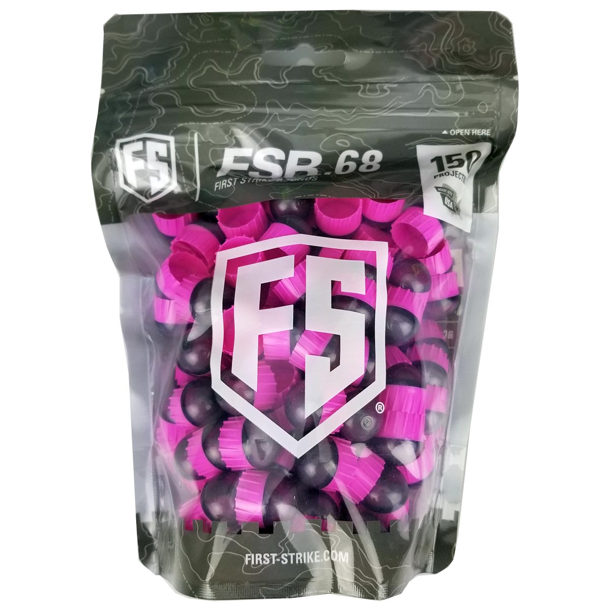 FSR (First Strike) product packaging with pink and purple rounds 150 count on a white background