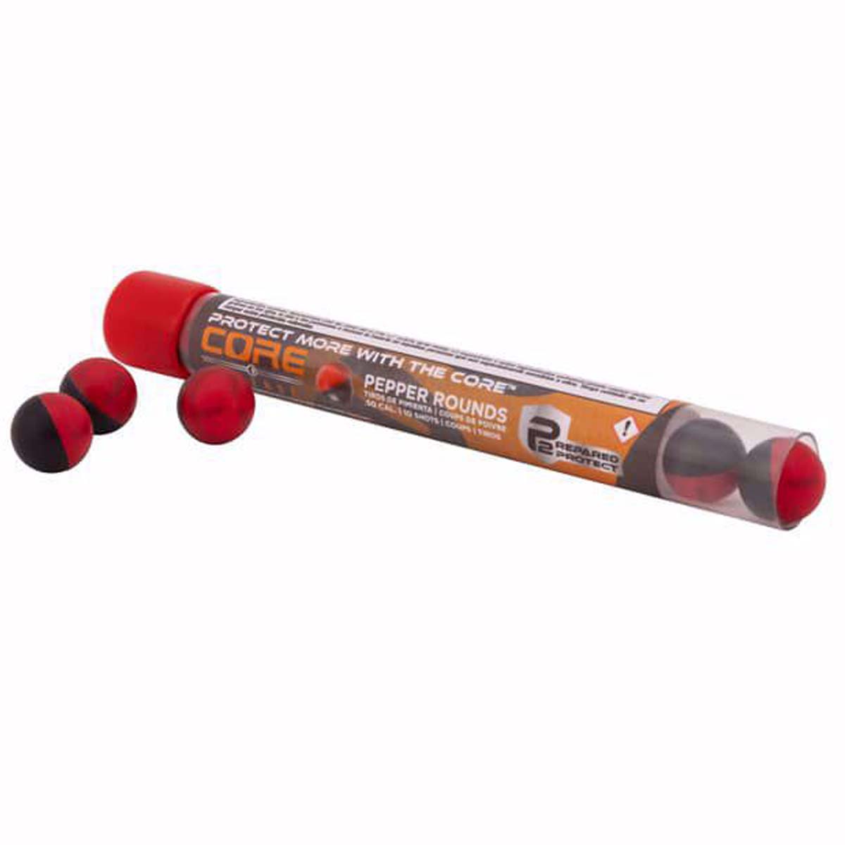 A tube of P2P Core Defense Pepper Rounds .50 Caliber 10 Pack with three pepper spray capsules shown outside the tube on a plain white background.
