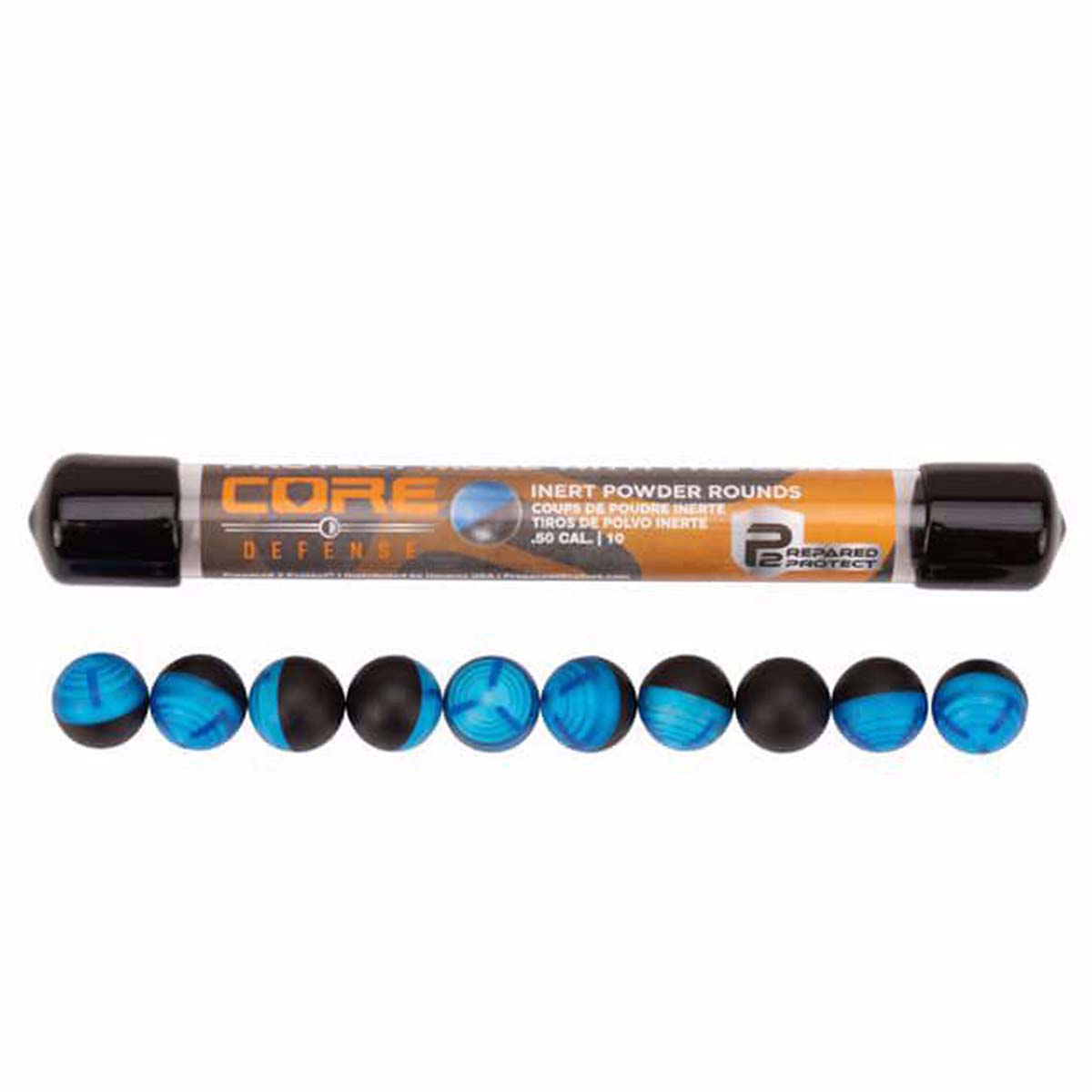 A tube of Core Defense inert powder rounds with ten round inserts displayed below it on a plain white background. The inserts alternate between black and bright blue, and the tube features an orange and black label.