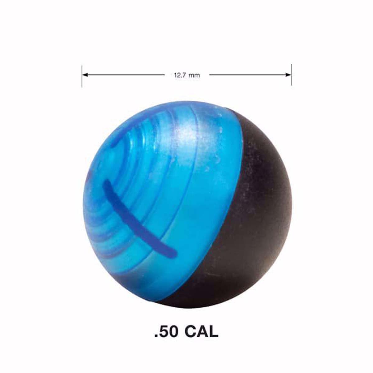 Steel core .50 caliber inert powder round with a translucent blue upper half and a matte black lower half, shown on a white background with dimension line indicating 12.7 mm and text reading .