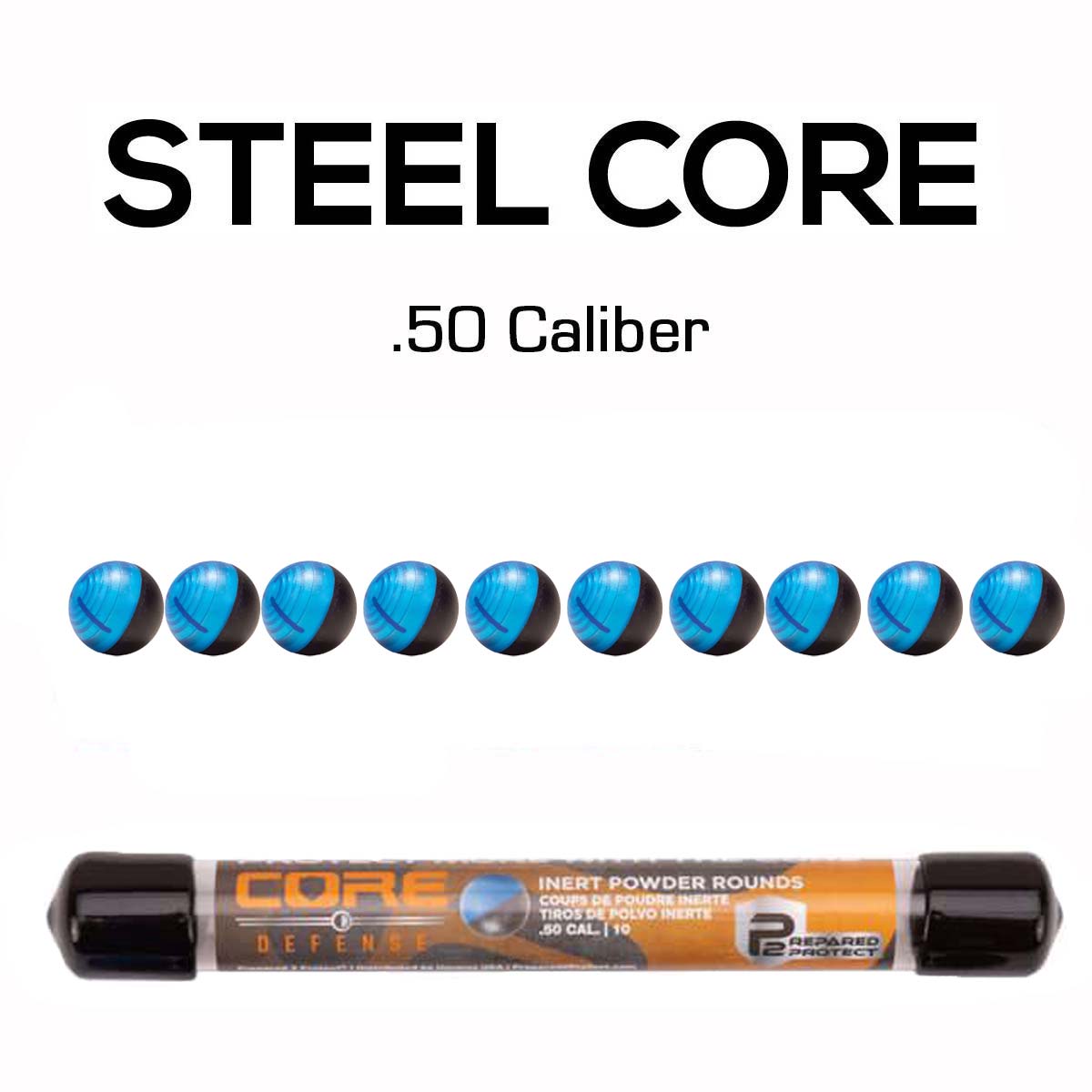 Steel core .50 caliber inert powder round package shown with ten individual rounds above and the packaged tube below on a white background.