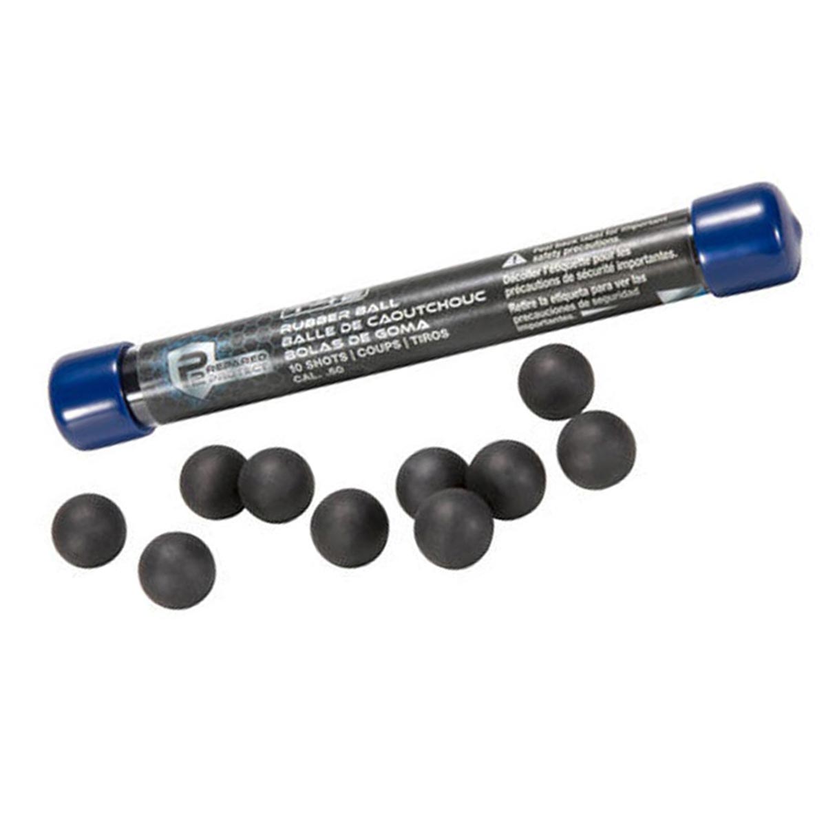 Umarex T4E P2P .50 Caliber Hard Rubber Balls 10 Pack scattered black rounds and tube on a white background