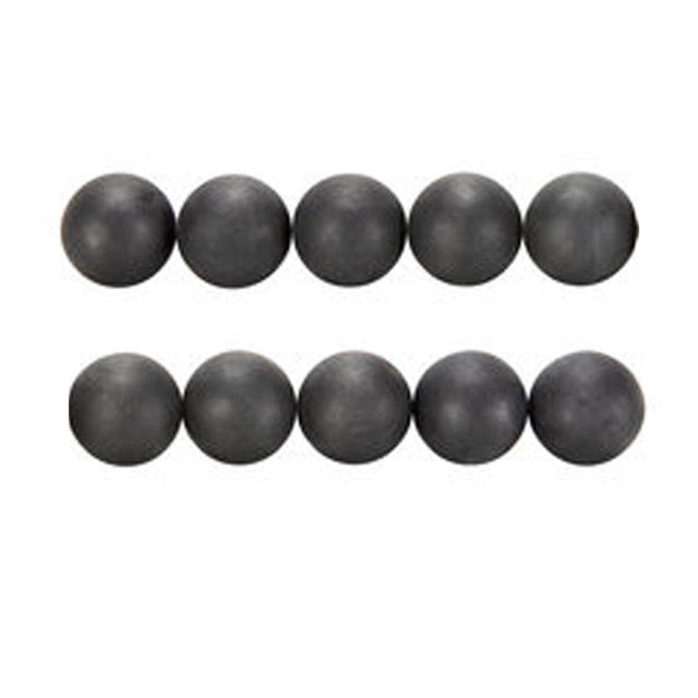 A collection of black .50 caliber hard rubber balls arranged in two rows.