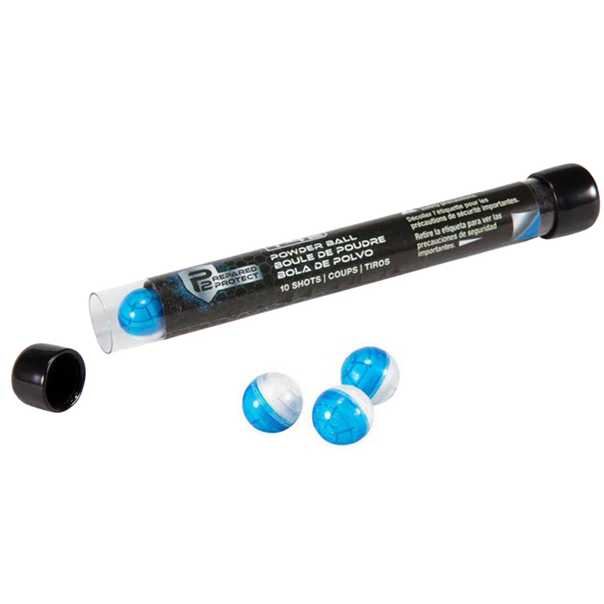 Open tube of Umarex T4E P2P .50 Caliber Powder Balls 10 Pack on a white background