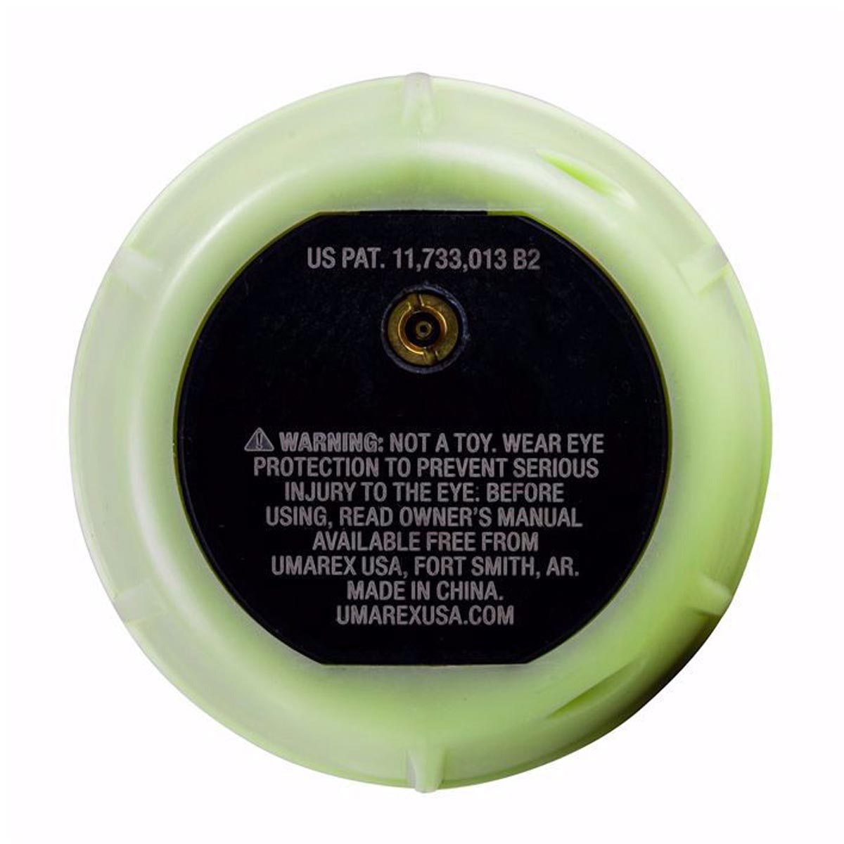 bottom of Elite Force Hailstorm GBB Airsoft Grenade Glow in the Dark on a white background