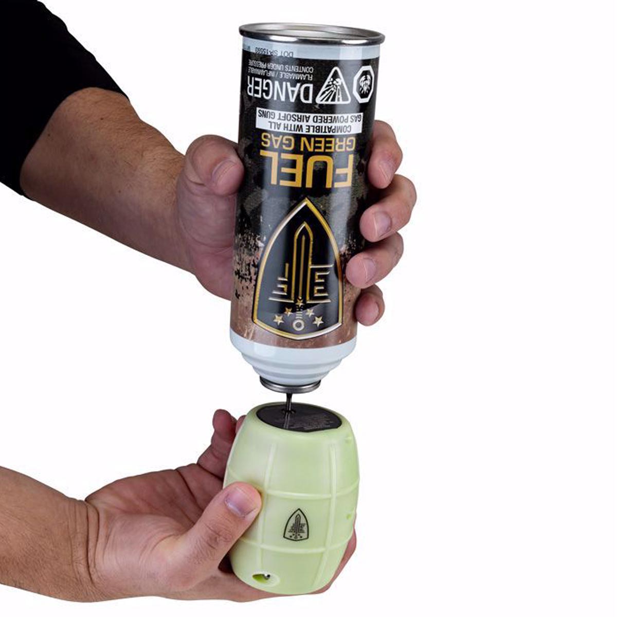 person loading fuel green gas into Elite Force Hailstorm GBB Airsoft Grenade Glow in the Dark on a white background