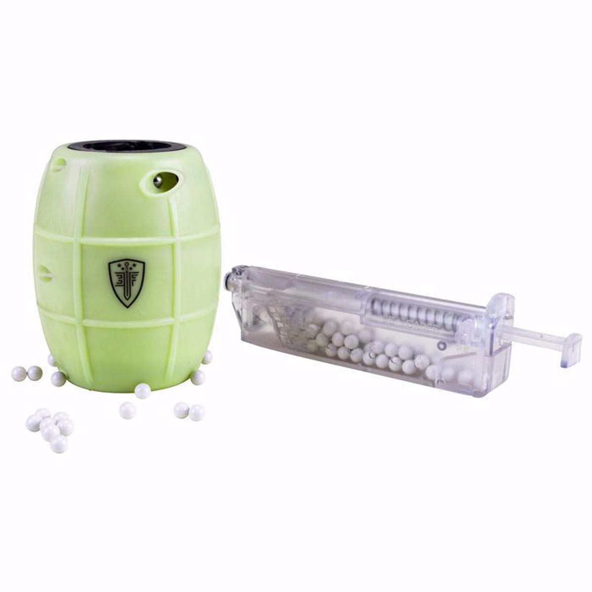 Elite Force Hailstorm GBB Airsoft Grenade Glow in the Dark with speed loader and bbs on a white background