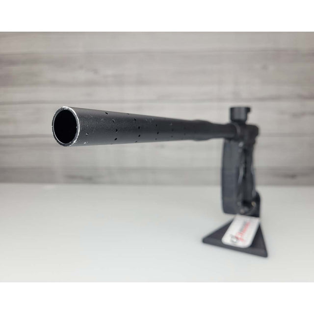 Barrel tip USED Empire Axe 2.0 Paintball Marker Black on a woodgrain background