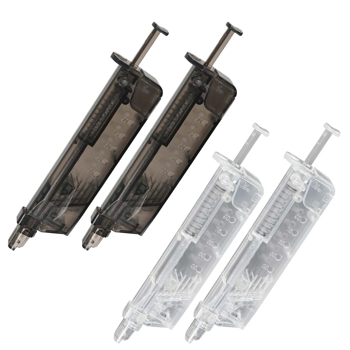 Two smoke and two clear Air Raid BB Speed Loaders on a white background