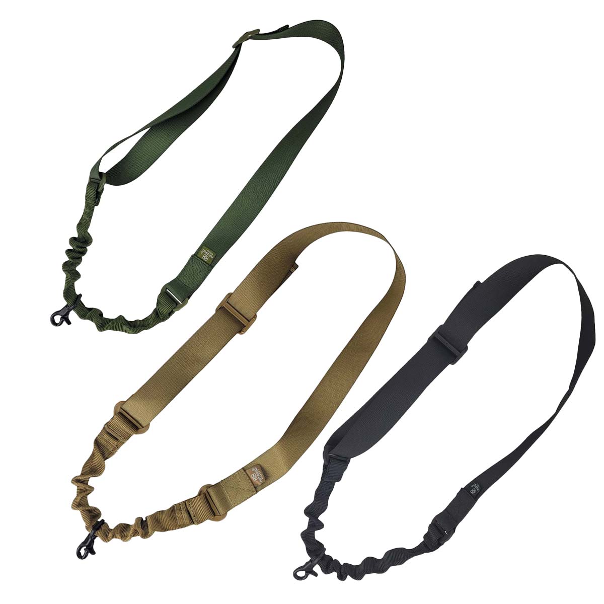 Three Air Raid Single Point Slings in black, olive and tan on a white background