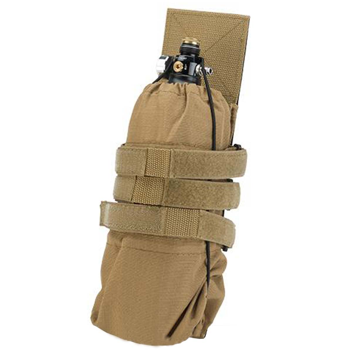 Front of Tan Earth Air Raid Universal Tank Pouch for paintball and airsoft molle on a white background.