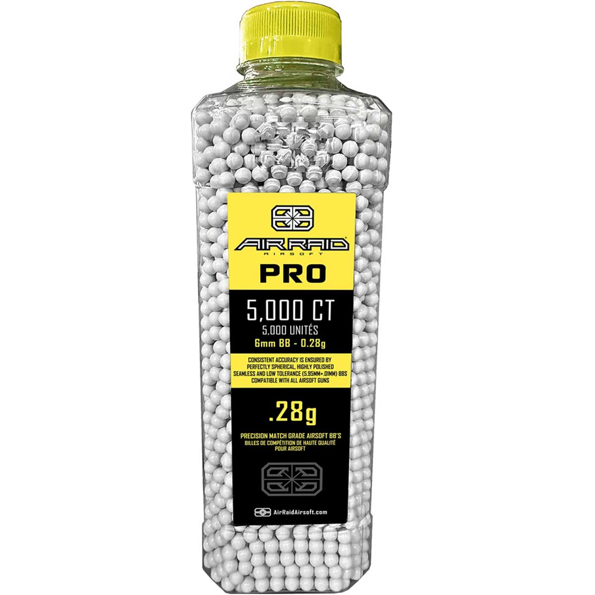 A clear plastic bottle filled with white airsoft pellets, featuring a bright yellow cap and a yellow and black ARRAID PRO 5000 .28 gram label on the front.