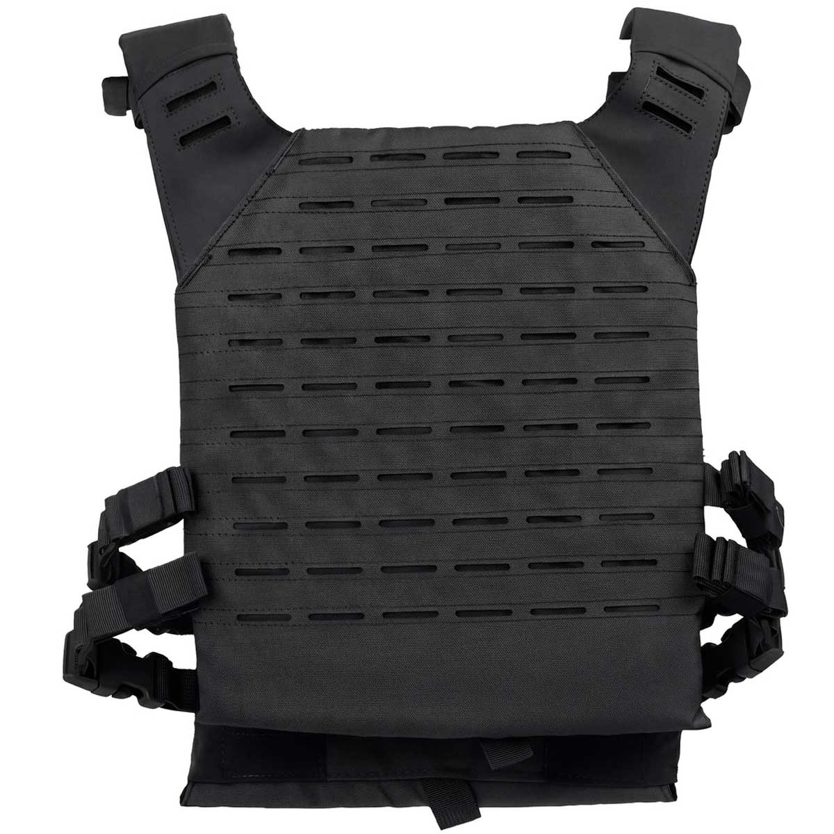 Back of black BSX Plate Carrier LC for airsoft and paintball on a white background