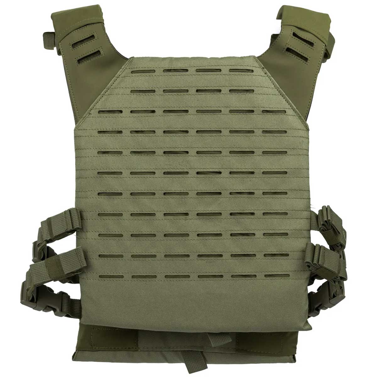 Back of olive green BSX Plate Carrier LC for airsoft and paintball on a white background